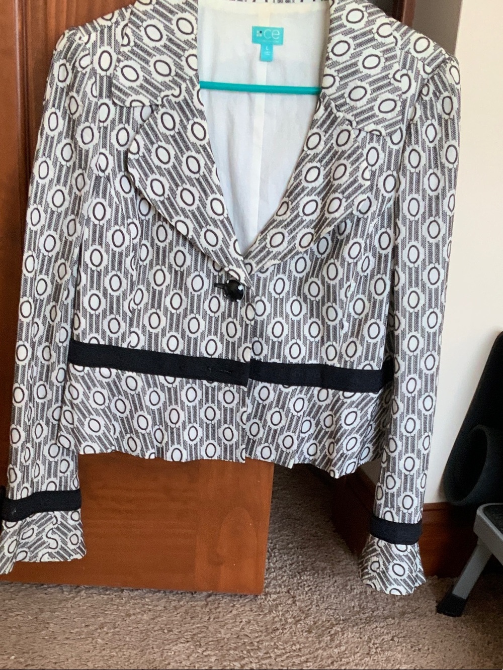 CeCe Black and White Geometric Cropped Blazer with Notched Collar